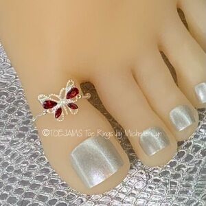 TOE RING BUTTERFLY Large Silver Filigree/Red Crystal Butterfly Big Toe Ring